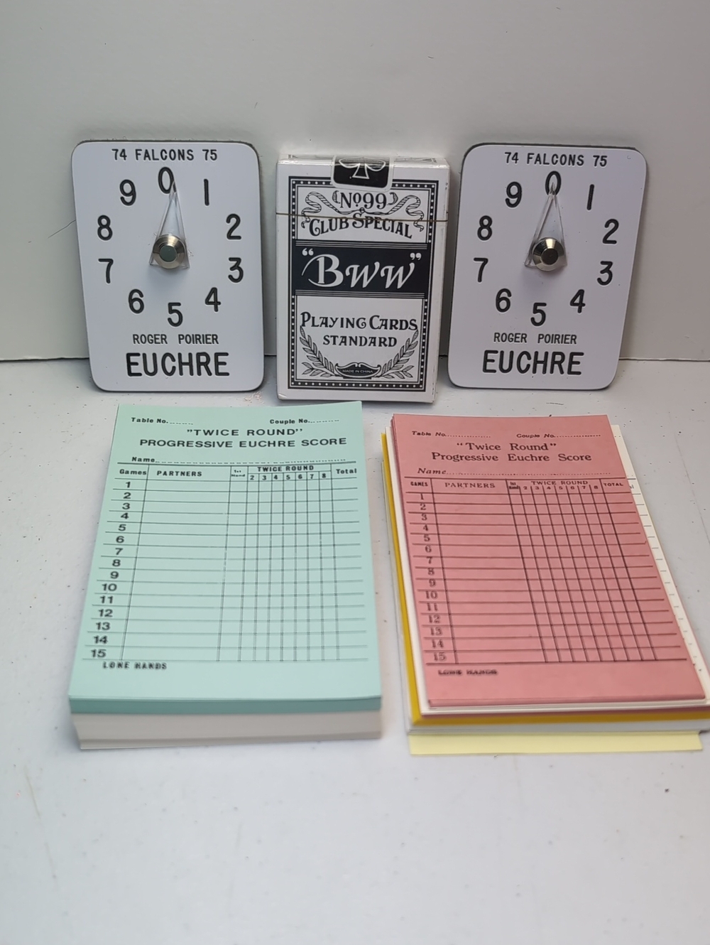 Euchre Game Set w/ Score counters, New Deck of Cards & Score Sheets